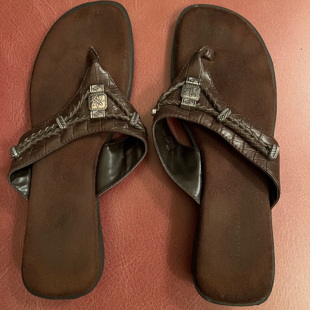 Brown Leather Padded Flip Flop Sandals with Silver Medallion Accents (Size 10M)